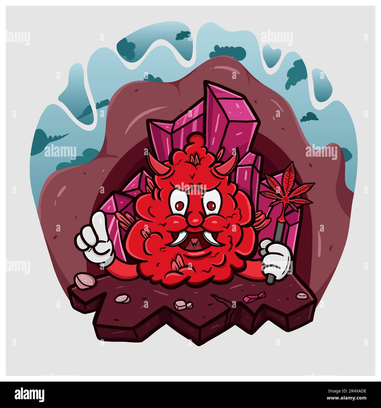 Cartoon Mascot Of Devil Weed Bud In Red Crystal Cave. Vector And Illustration Stock Vector