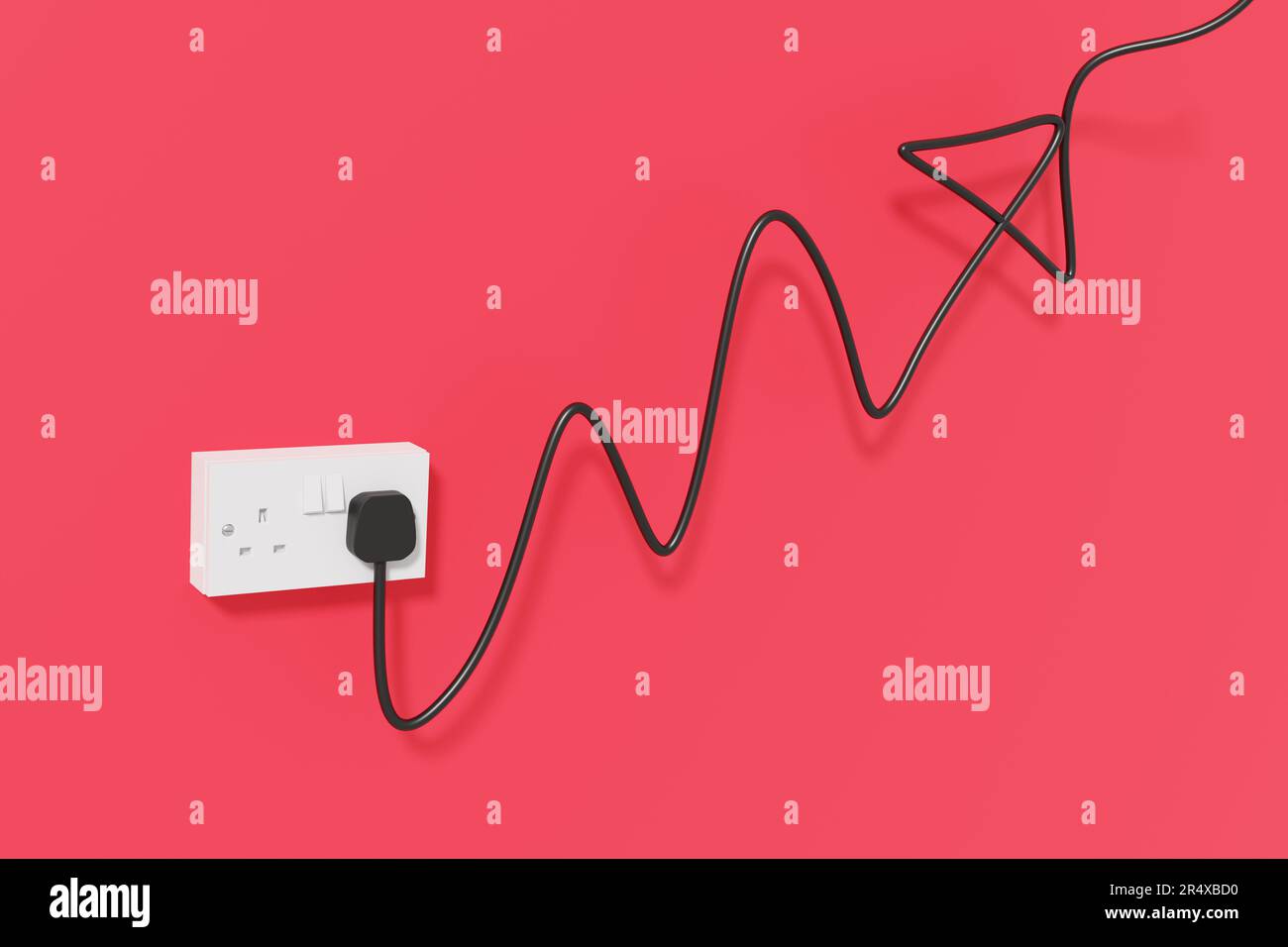 Black power cord connecting an electric plug socket forming a graph with increasing trend on red background. Soaring domestic energy prices Stock Photo