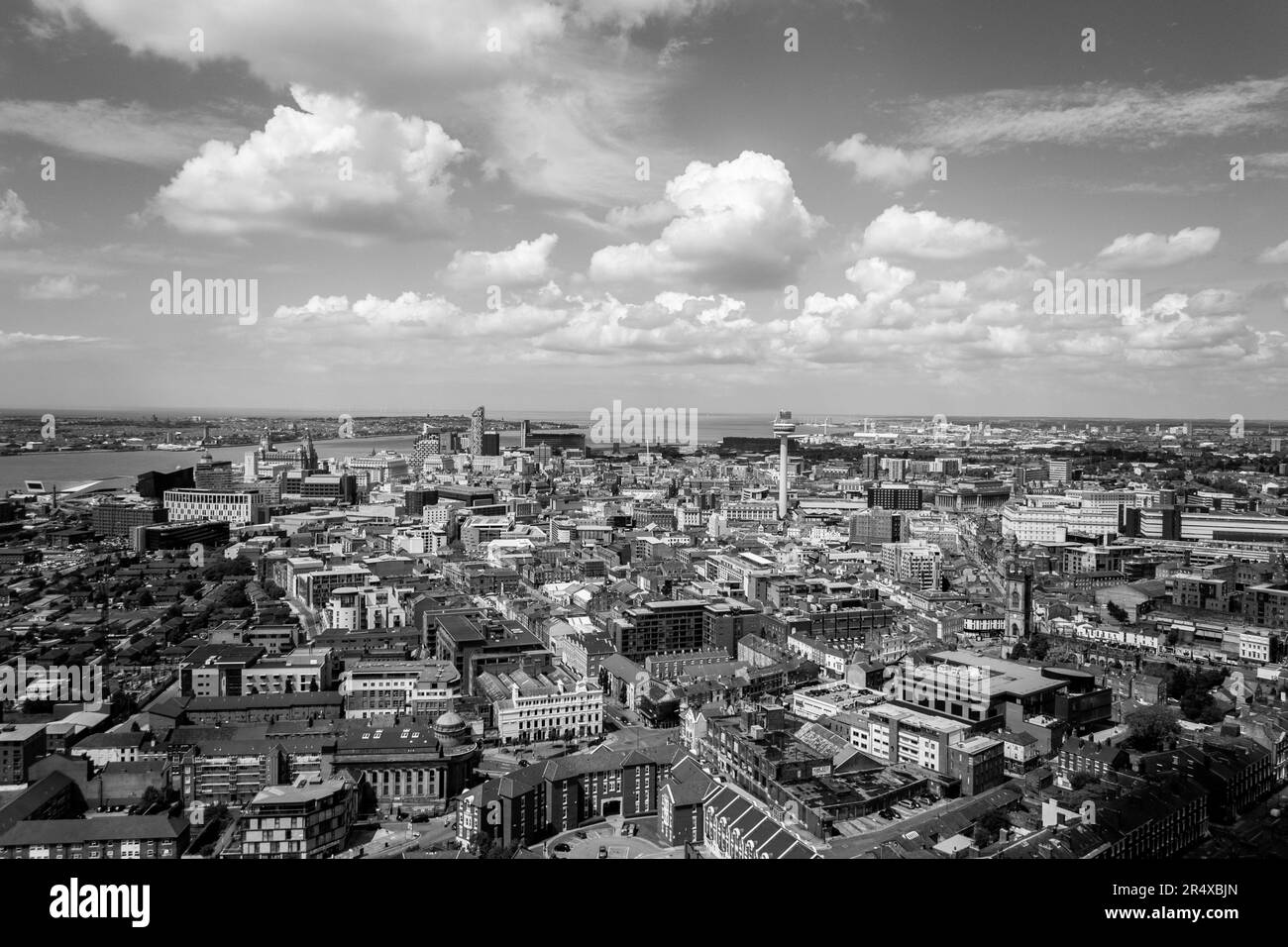 The Liverpool skyline from the top of the Anglican Cathederal overlooking the Liver buildings and the river Mersey Stock Photo