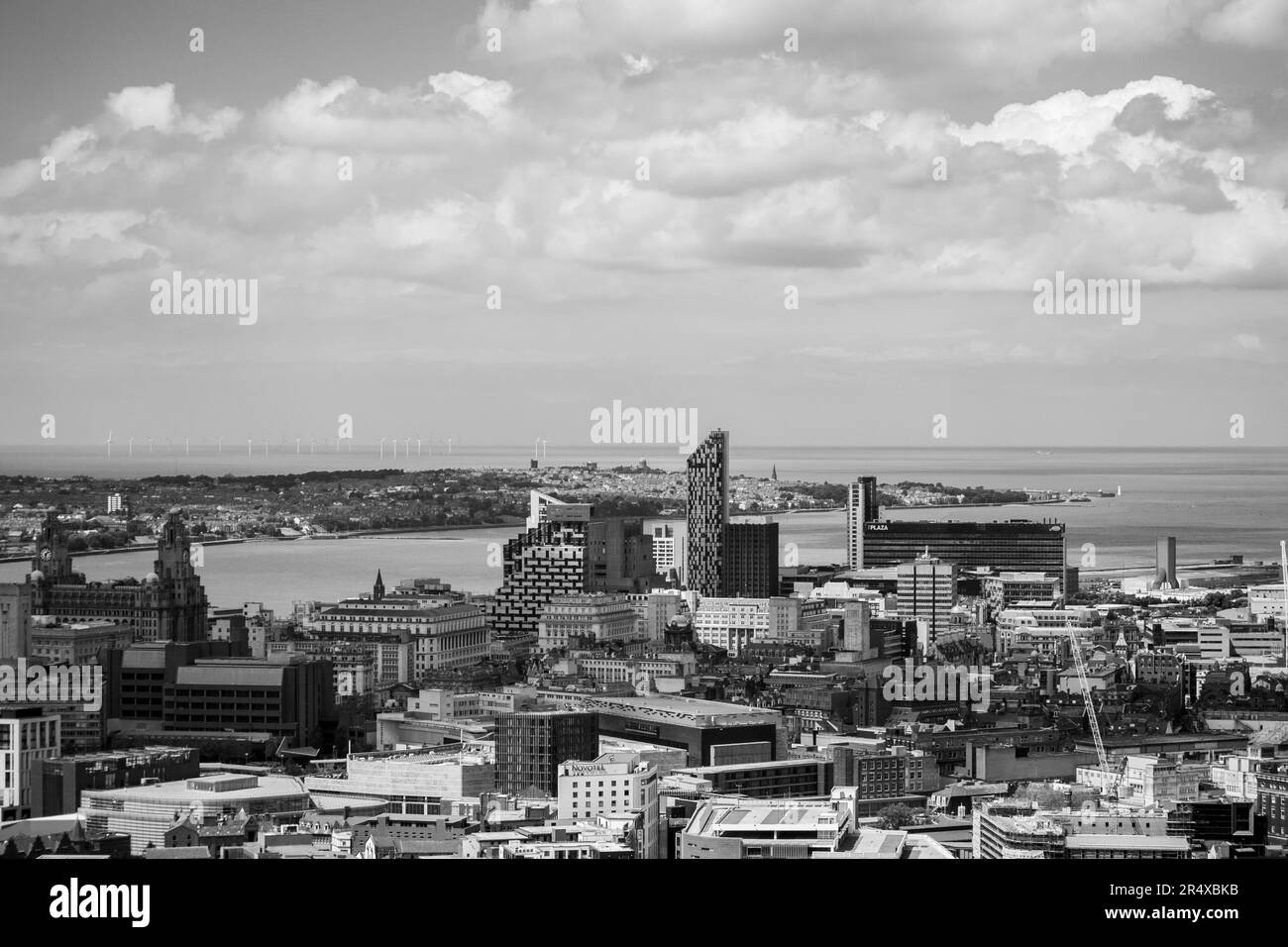 The Liverpool skyline from the top of the Anglican Cathederal overlooking the Liver buildings and the river Mersey Stock Photo