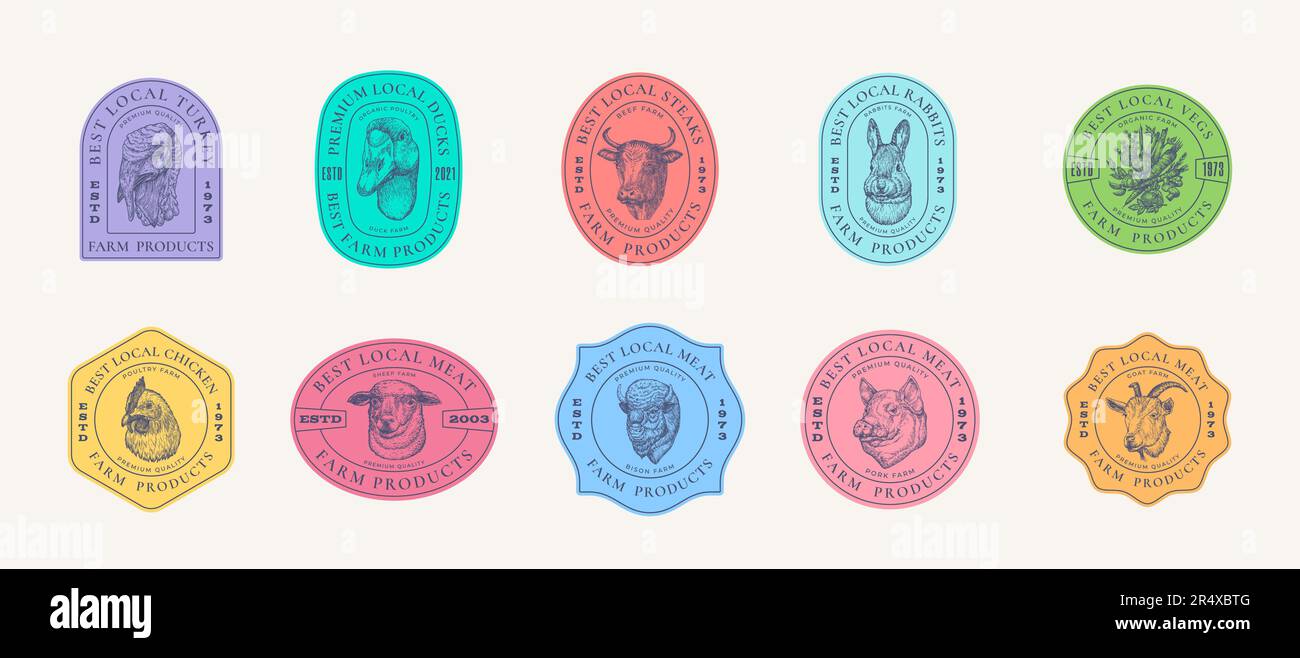 Meat Vegetables and Poultry Farm Retro Framed Badges or Logo Templates Collection. Hand Drawn Domestic Animals and Birds Sketches with Retro Stock Vector