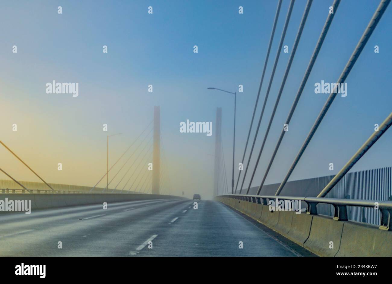 Golden Ears Bridge in the fog in Metro Vancouver, BC, Canada, over the ...