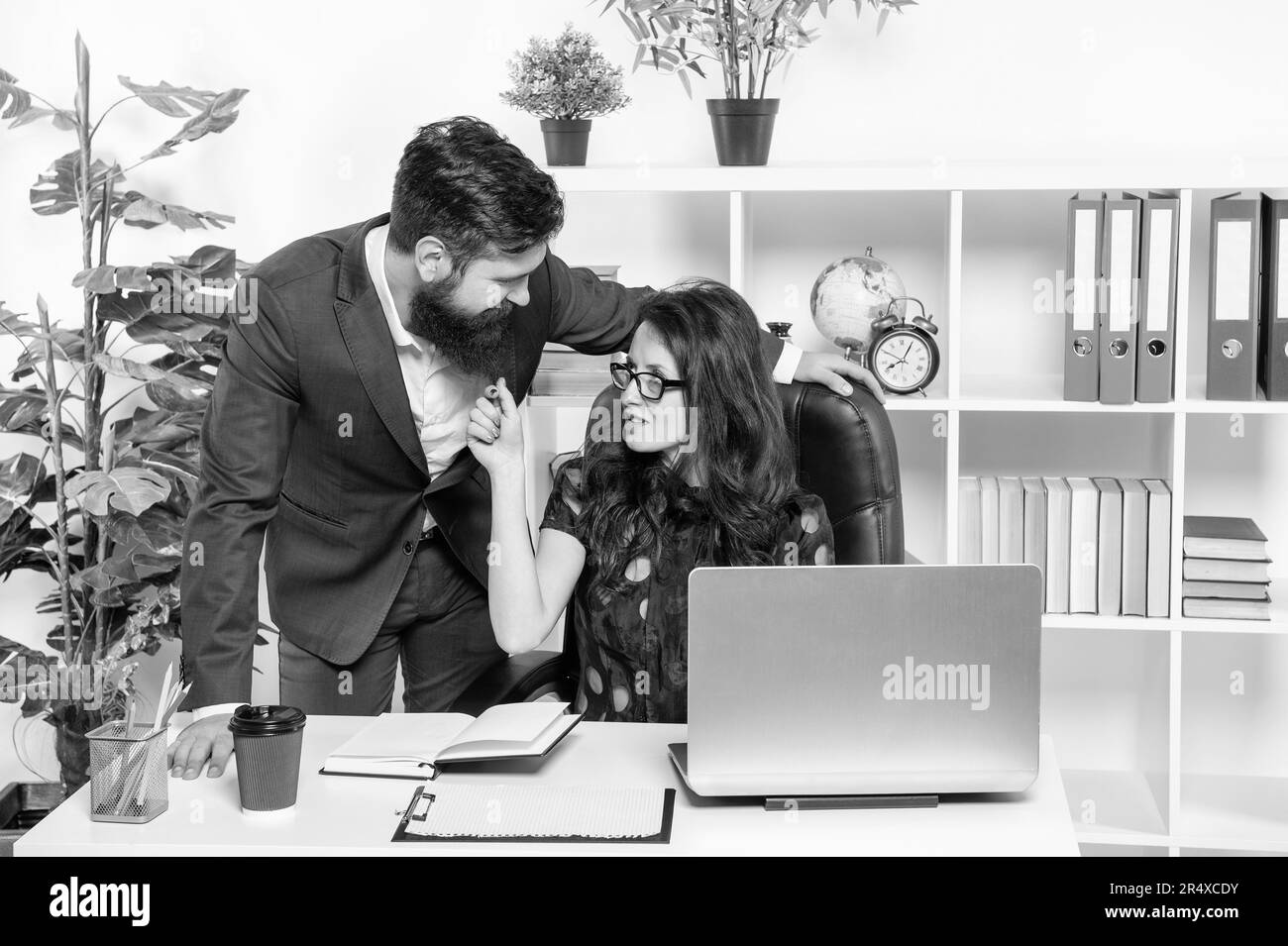 Full of flirt. Flirty woman touch man by beard. Flirting at work