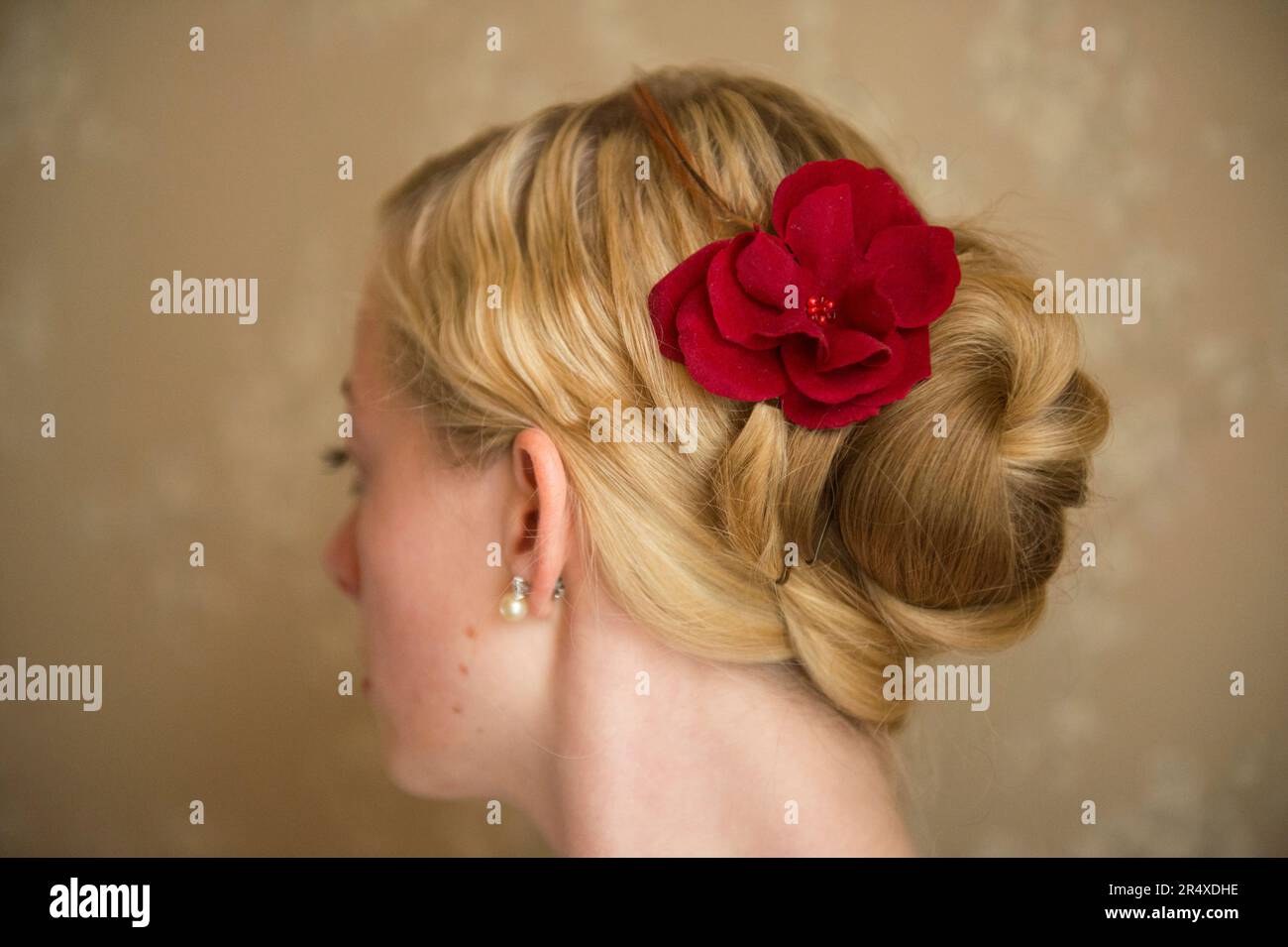 Artificial flower as a hair accessory in a hairstyle; Lincoln, Nebraska, United States of America Stock Photo