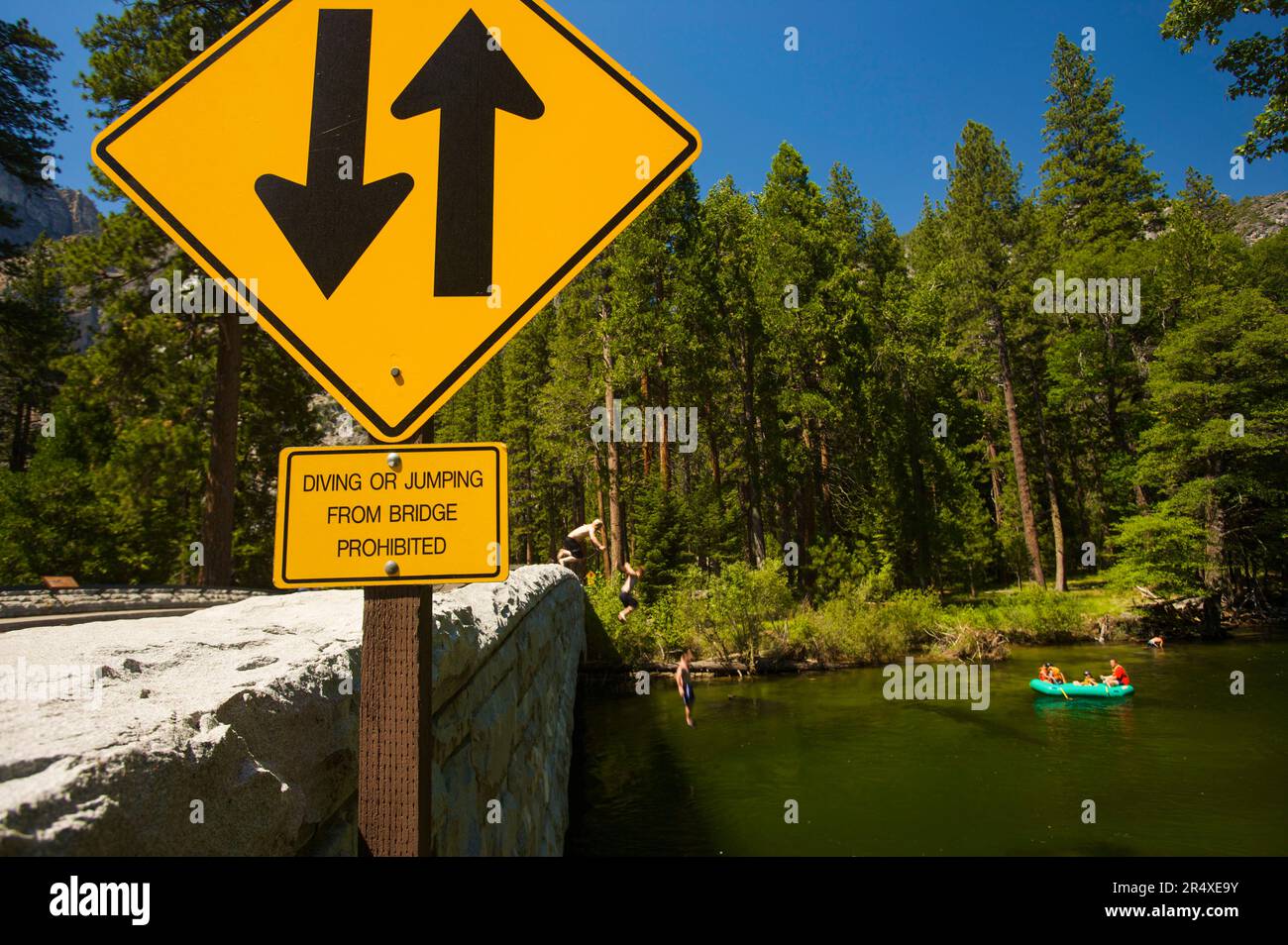 Leaping into the Merced River from Sentinel Bridge. Stock Photo