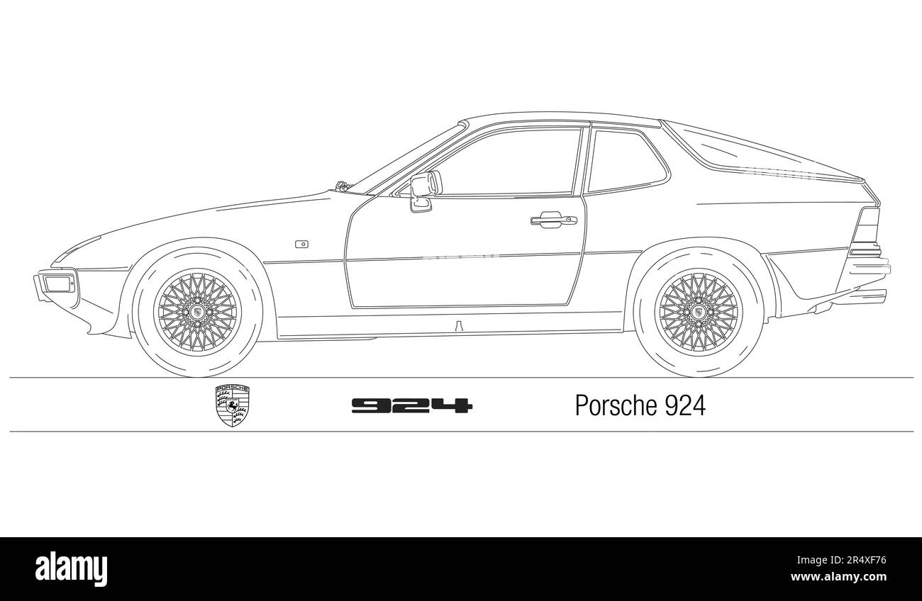 Germany, year 1976, Porsche 924 Coupe vintage sport car, silhouette outlined on the white background, illustration Stock Photo