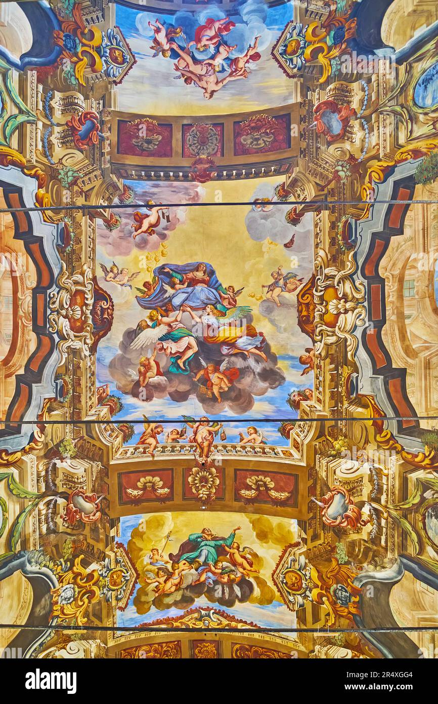 LUGANO, SWITZERLAND - MARCH 13, 2022: The stunning frescoed vault in medieval San Rocco Church, on March 13 in Lugano Stock Photo