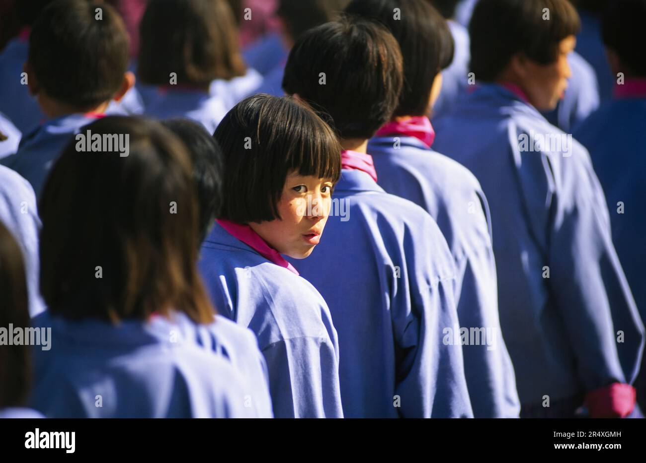 Bhutanese children stand in rows at a festival in Thimphu; Thimphu, Bhutan Stock Photo