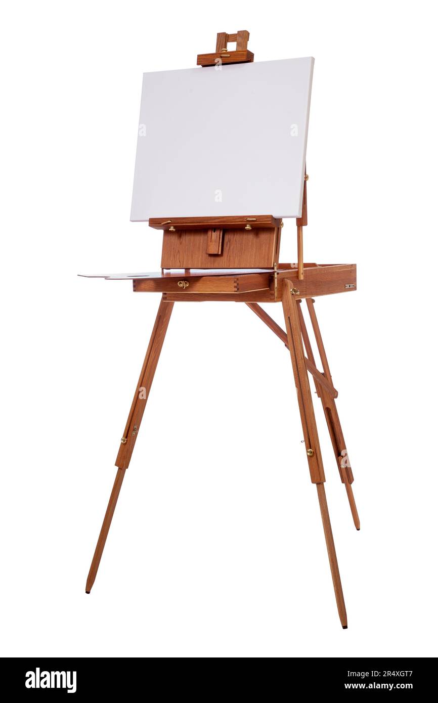 Portable foldable easel with canvas for oil painting on location isolated on a white background Stock Photo