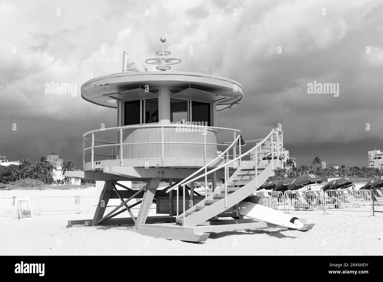 Miami, USA - March 19, 2021: miami beach lifeguard house on sand in south beach located in Florida in the United States. Stock Photo