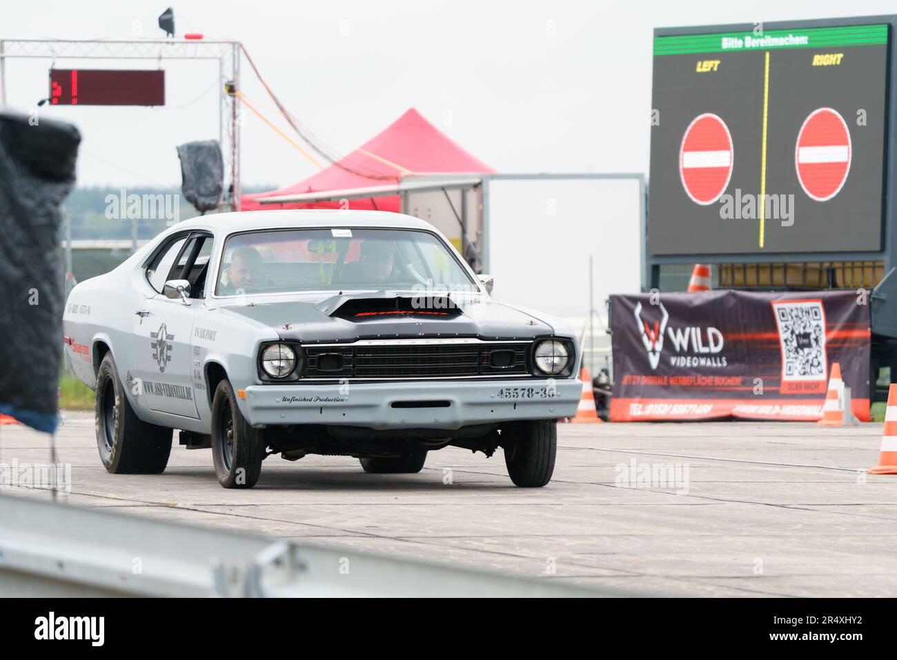 FINOWFURT, GERMANY - MAY 06, 2023: The compact car Plymouth Duster on the race track. Race festival 2023. Season opening. Stock Photo