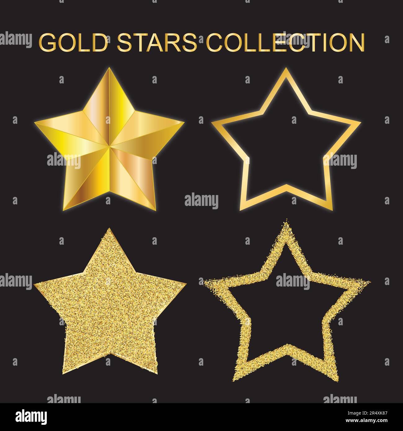 Gold Stars Collection. Set of 4 different gold five-point stars. Stock Vector