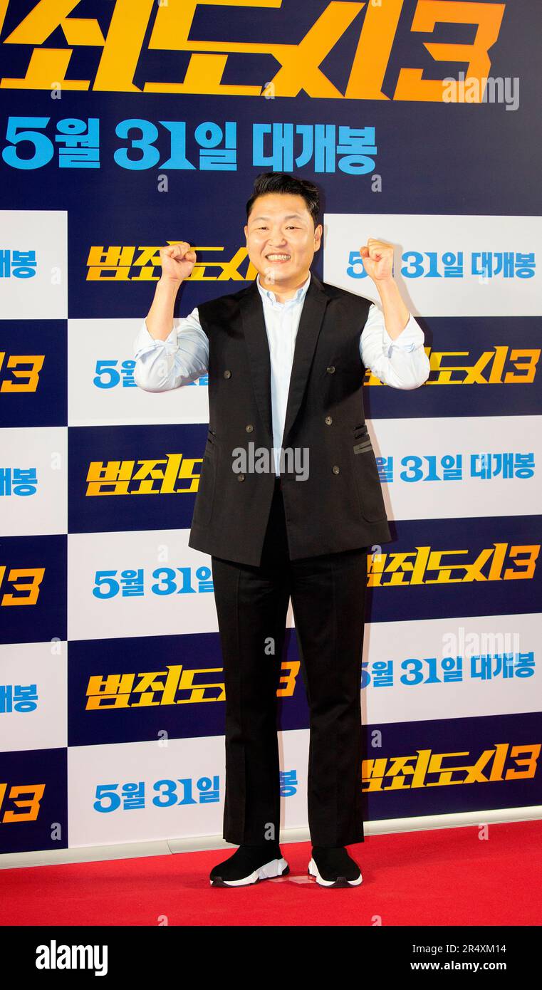 Psy, May 22, 2023 : Singer Psy (Park Jae-Sang) attends a photocall before a VIP preview of South Korean movie 'The Roundup: No Way Out' in Seoul, South Korea. 'The Roundup: No Way Out', the third installment of 'The Outlaws' series will hit local theaters on May 31. Credit: Lee Jae-Won/AFLO/Alamy Live News Stock Photo