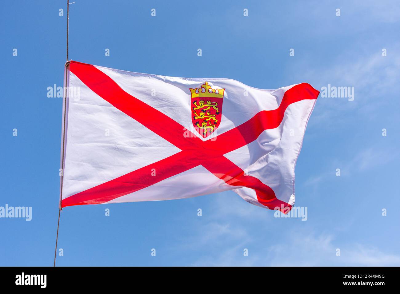 Jersey flag outside Channel Islands Military Museum, La Grande Route des Mielles, Saint Ouen, Parish of St Ouen, Jersey, Channel Islands Stock Photo