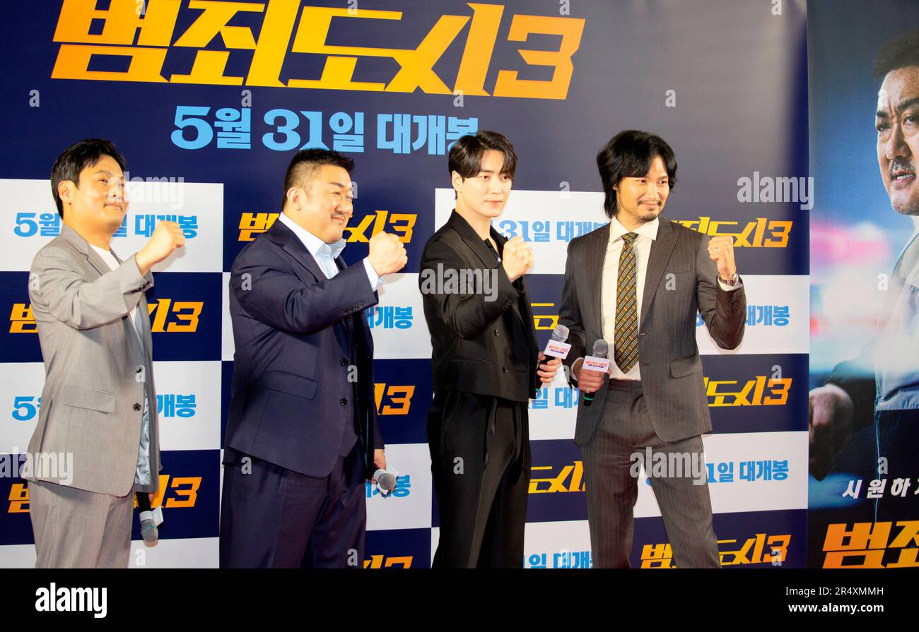 Lee Sang-Yong, Ma Dong-Seok, Lee Jun-Hyuk and Aoki Munetaka, May 22, 2023 : (L-R) South Korean film director Lee Sang-Yong, Korean-American actor Ma Dong-Seok (Don Lee), South Korean actor Lee Jun-Hyuk and Japanese actor Aoki Munetaka attend a photocall before a VIP preview of South Korean movie 'The Roundup: No Way Out' in Seoul, South Korea. 'The Roundup: No Way Out', the third installment of 'The Outlaws' series will hit local theaters on May 31. Credit: Lee Jae-Won/AFLO/Alamy Live News Stock Photo