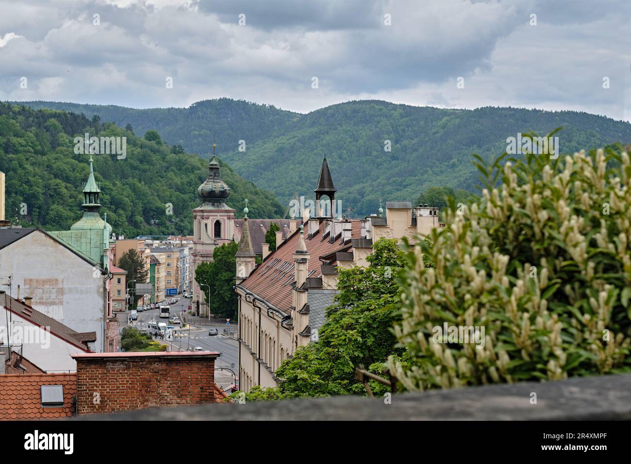 High view of Decin (Tetschen), Czech Republic. Old villas, baroque buildings, churches and communist-built panel block of flats. Tourist destination. Stock Photo