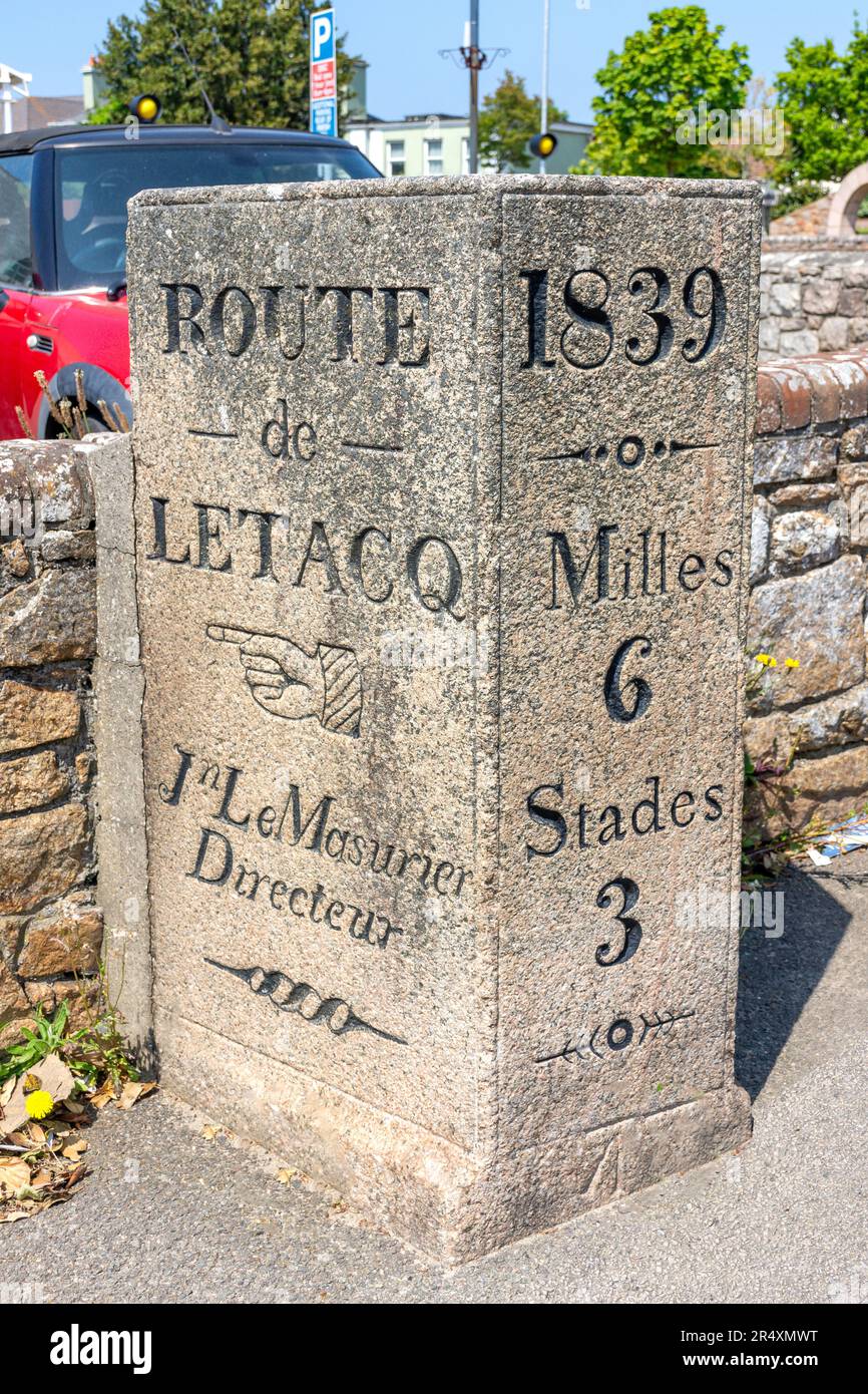 19th century Route de Letacom milestone, St Ouen's Village, Parish of St Ouen, Jersey, Channel Islands Stock Photo