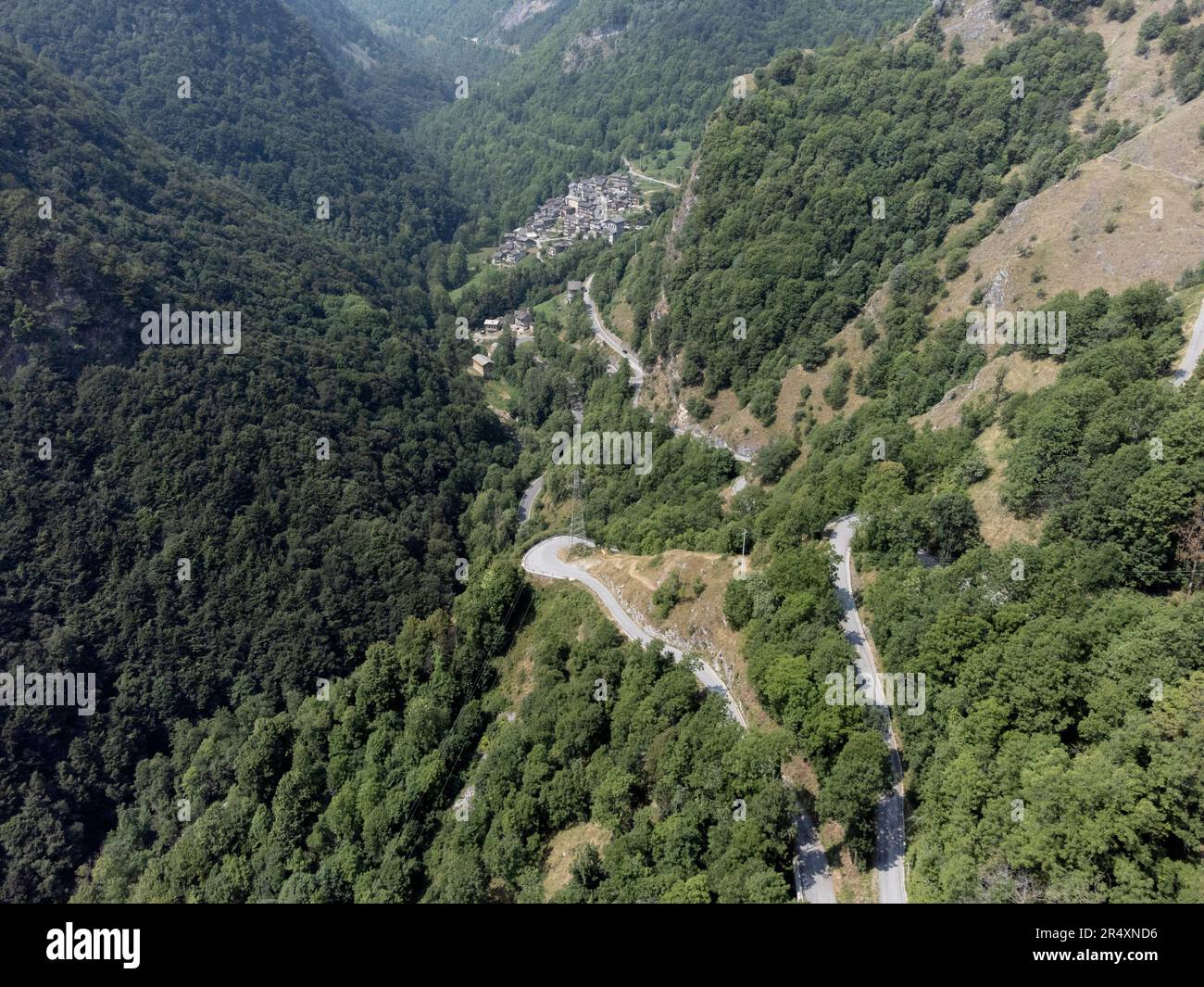 Alpine village from the drone, Cottian Alps, Cuneo, Piedmont, Italy Stock Photo