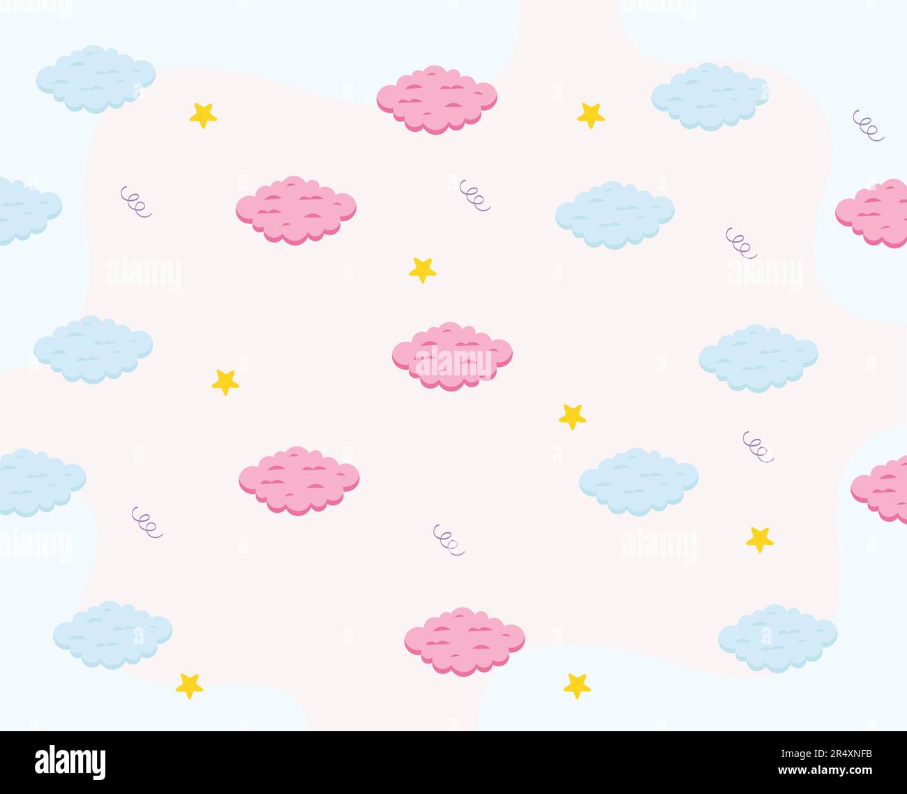 Cute Baby Blue and Pink Clouds, Yellow Stars and Confetti Vector Seamless. Stock Vector