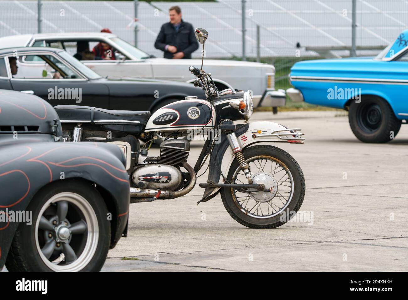 FINOWFURT, GERMANY - MAY 06, 2023: Old German motorcycle brand of MZ ES. Race festival 2023. Season opening. Stock Photo