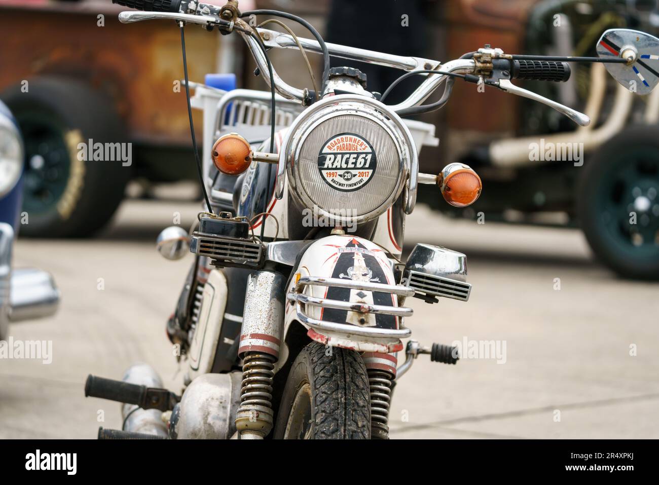 FINOWFURT, GERMANY - MAY 06, 2023: Old German motorcycle brand of MZ ES, close-up. Race festival 2023. Season opening. Stock Photo
