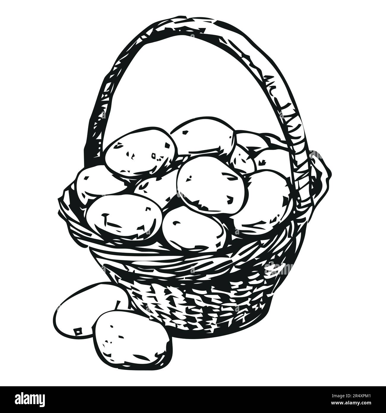 potatoes in a wicker basket, black and white illustration Stock Vector