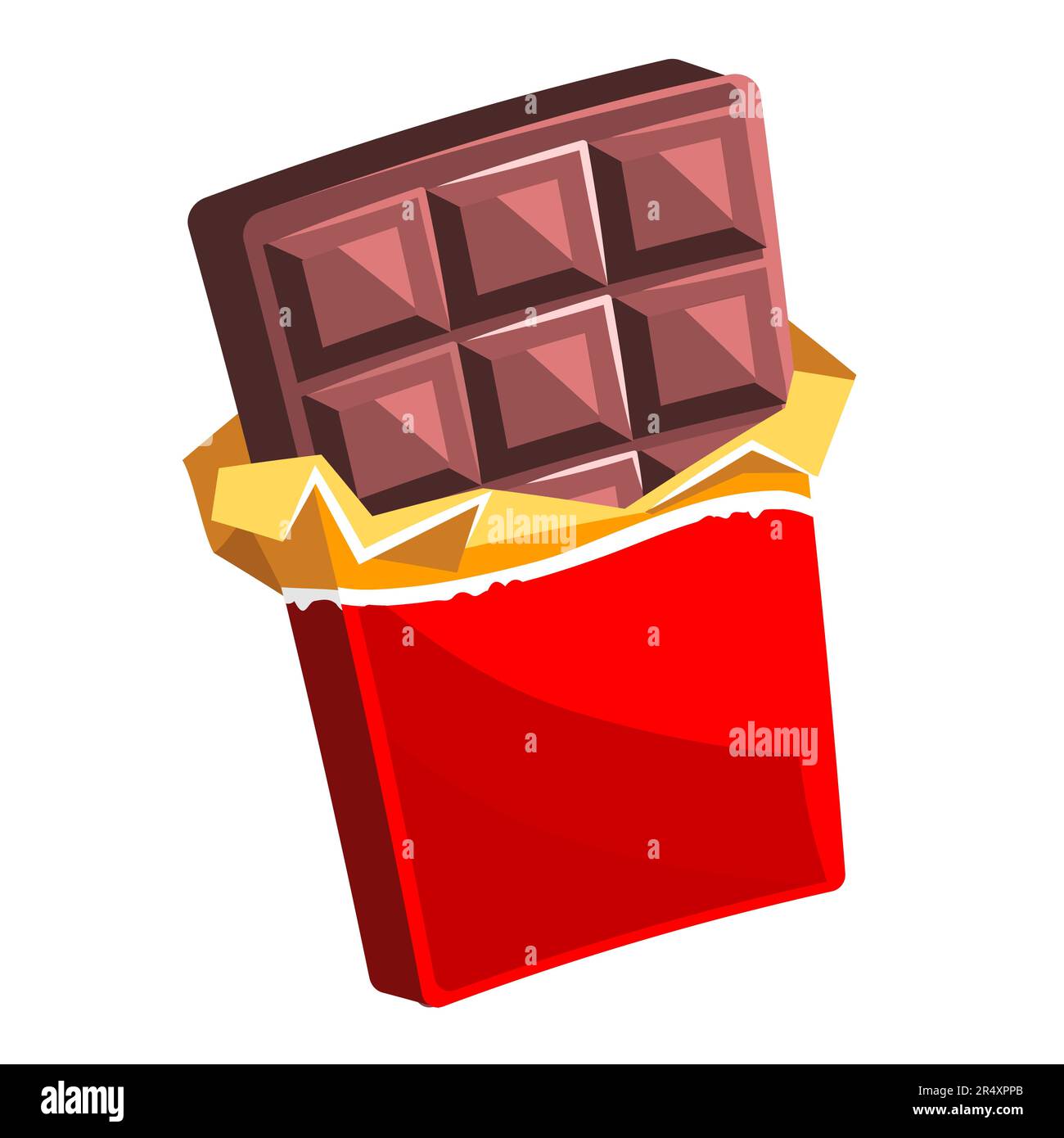 Chocolate bar in opened red wrapped and foil isolated on white