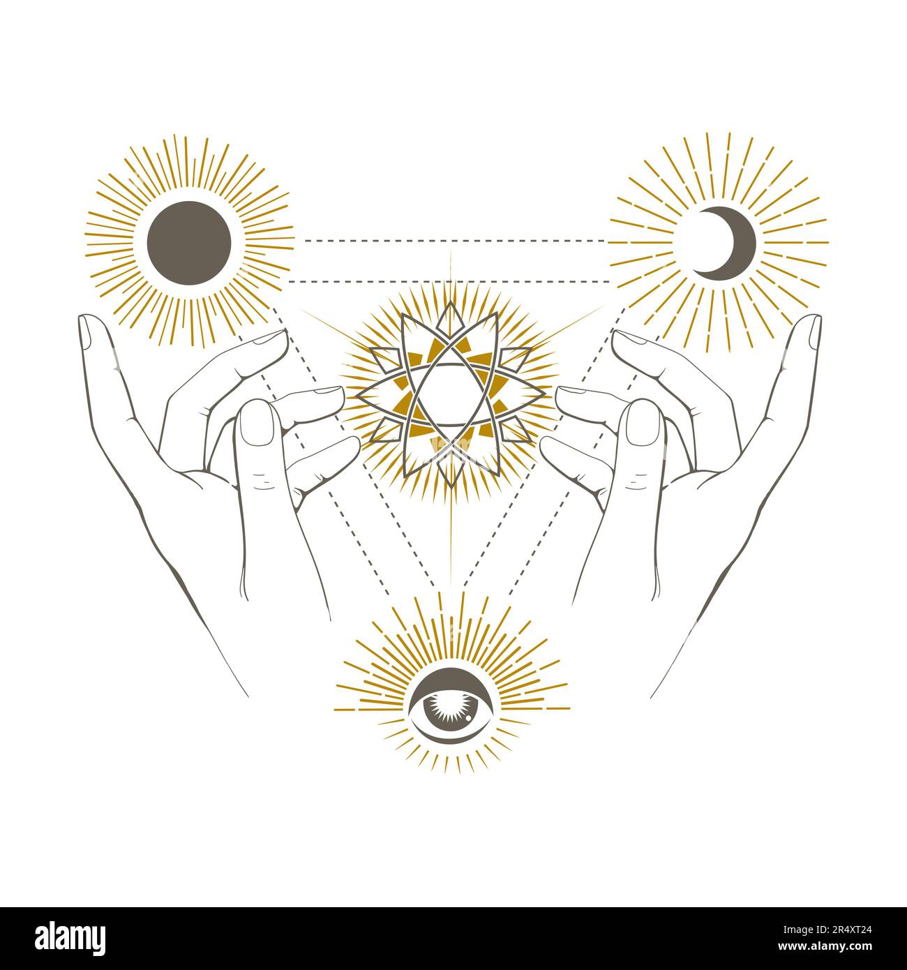 Esoteric Emblem Female Hands with Moon Sun and Allseeing Eye Magical Symbols isolated on white. Vector Illustration Stock Vector