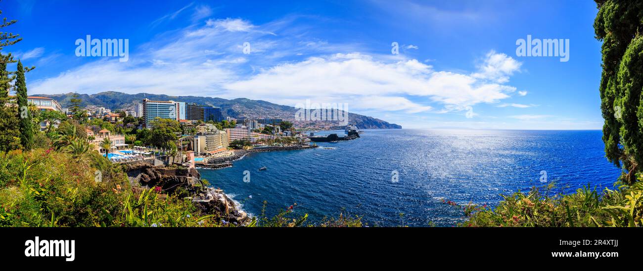 Panoramic view over Funchal waterfront and Pestana Carlton and Savoy Palace Hotel from the garden of Reid's Palace Hotel, Funchal, Madeira, Portugal Stock Photo