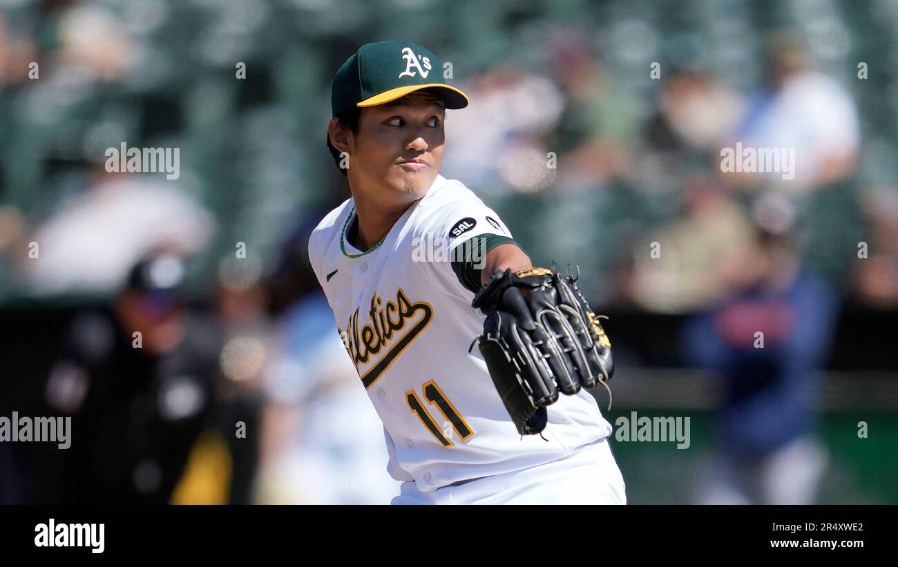 Oakland Athletics pitcher Shintaro Fujinami during a baseball game ...