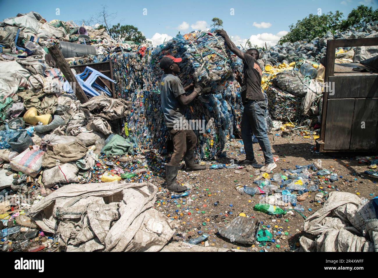 Workers move a bale of plastic bottles at a recycling plant in Nakuru. Negotiators have gathered in Paris, France for the second round of deliberations to develop a global treaty aimed at tackling the escalating issue of plastic pollution. According to a recent report by the United Nations Environment Programme (UNEP), countries have the potential to reduce plastic pollution by 80% by 2040 by eliminating unnecessary plastics, implementing recycling and reuse strategies, introducing deposit return schemes, and substituting plastic with sustainable alternative materials. Stock Photo