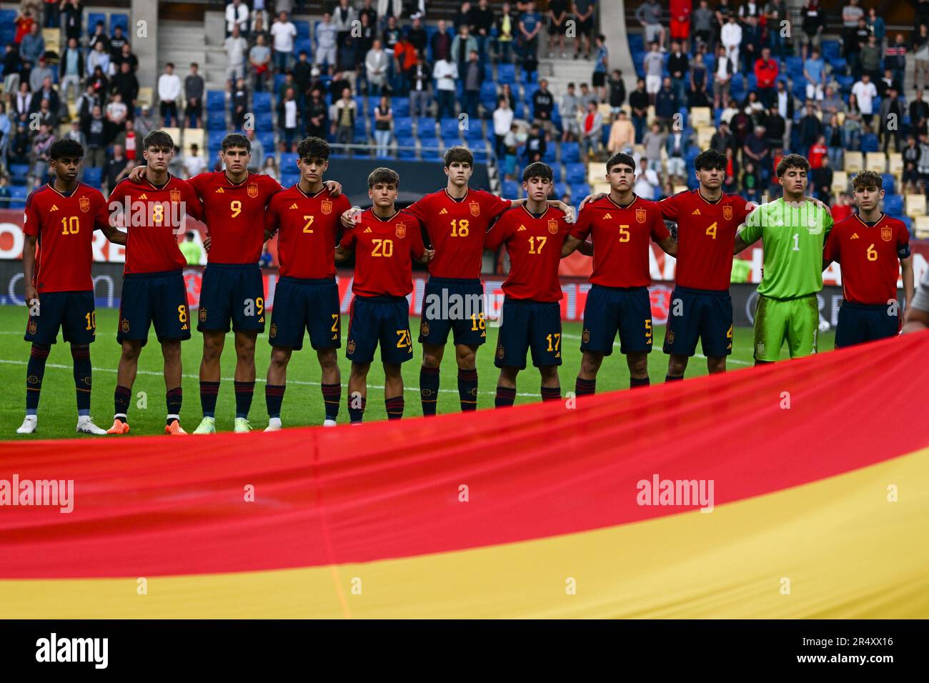 Spain U17 lined up for the national anthems ceremony during the semi
