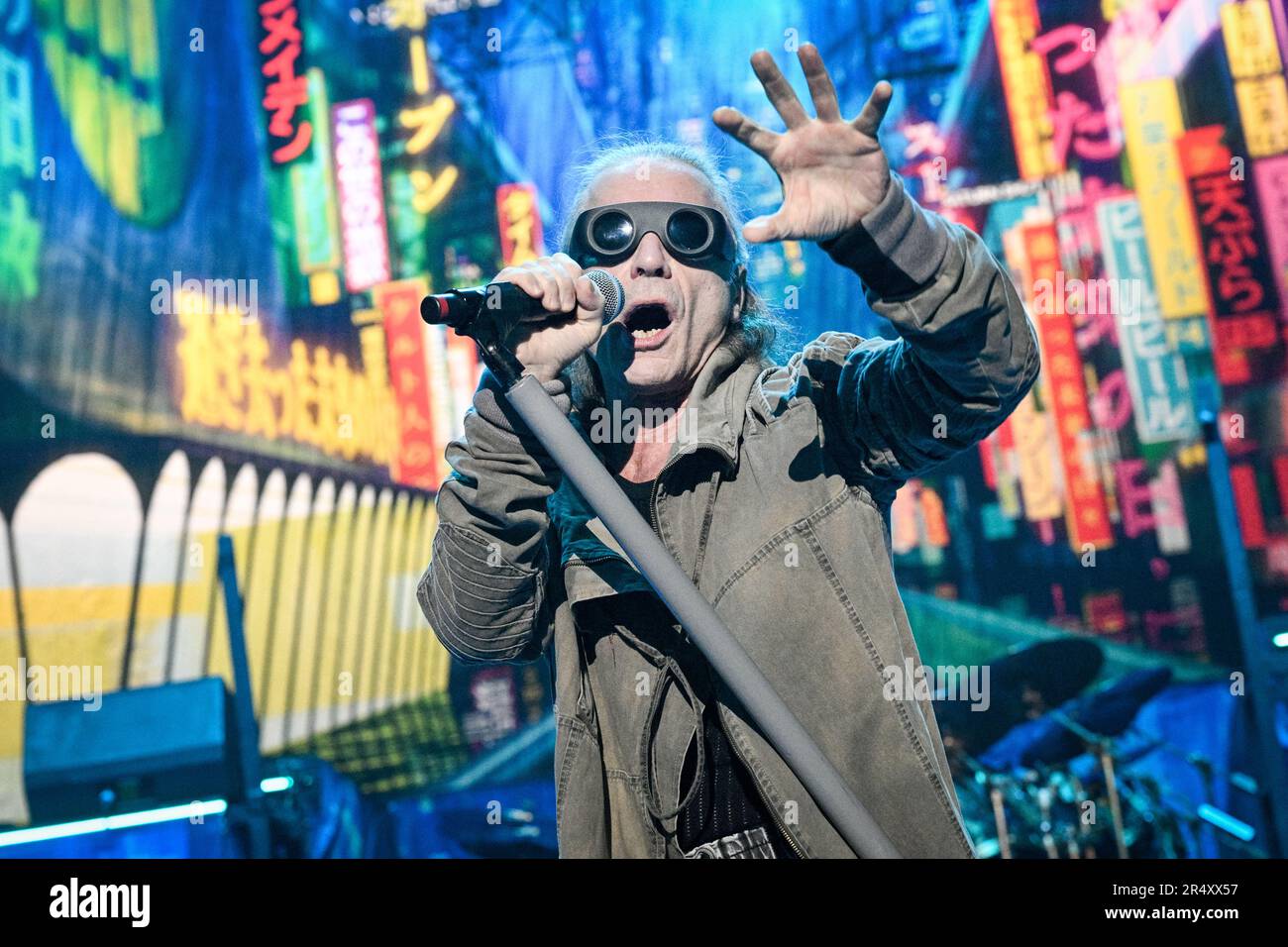 Prague, Czech Republic. 30th May, 2023. Singer Bruce Dickinson of British  heavy-metal band Iron Maiden performs during the concert of the band within  The Future Past Tour 2023, on May 30, 2023,