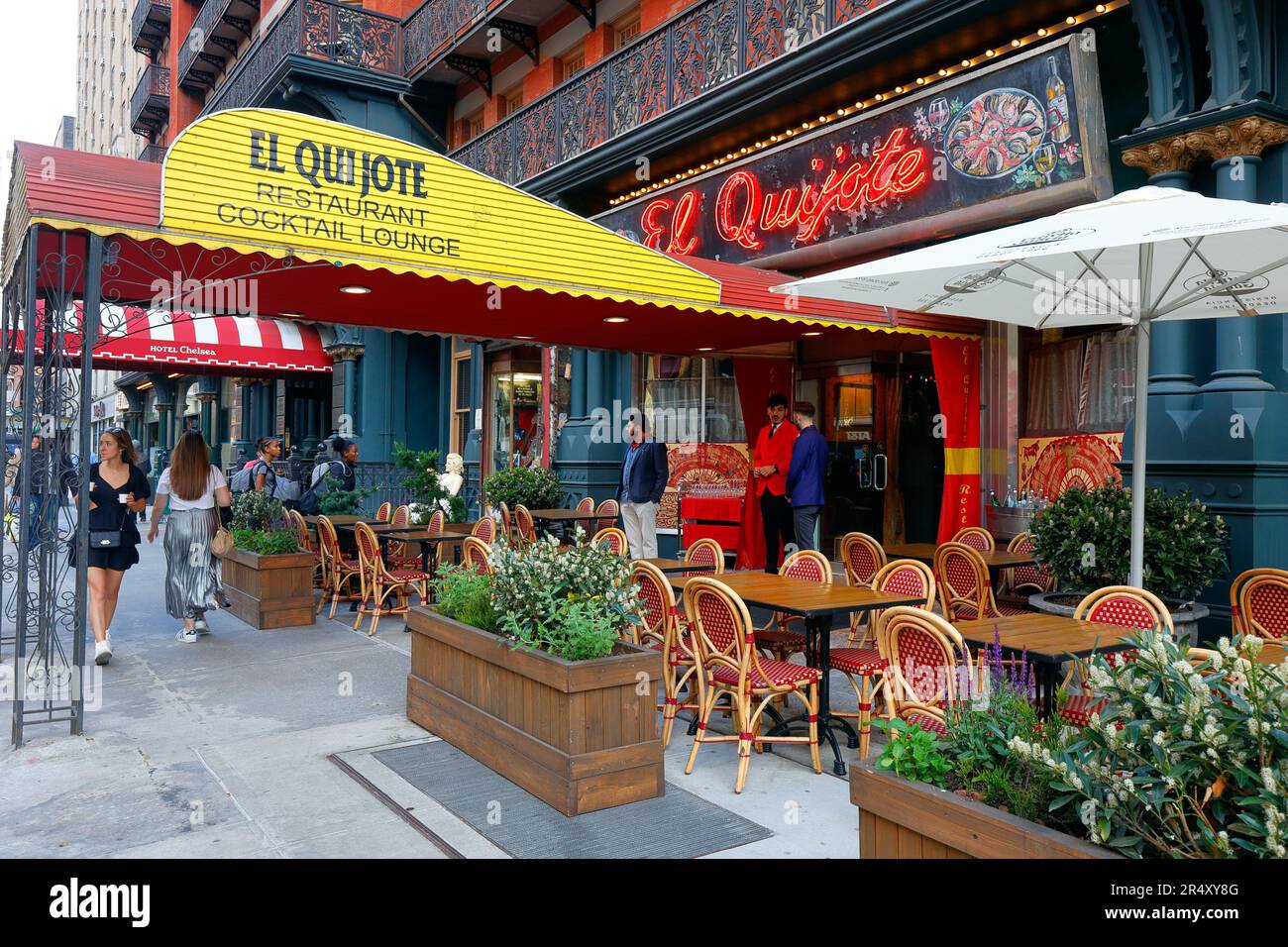 El Quijote, 226 W 23rd St, New York, NYC storefront photo of a Spanish restaurant at Hotel Chelsea in Manhattan's Chelsea neighborhood. Stock Photo