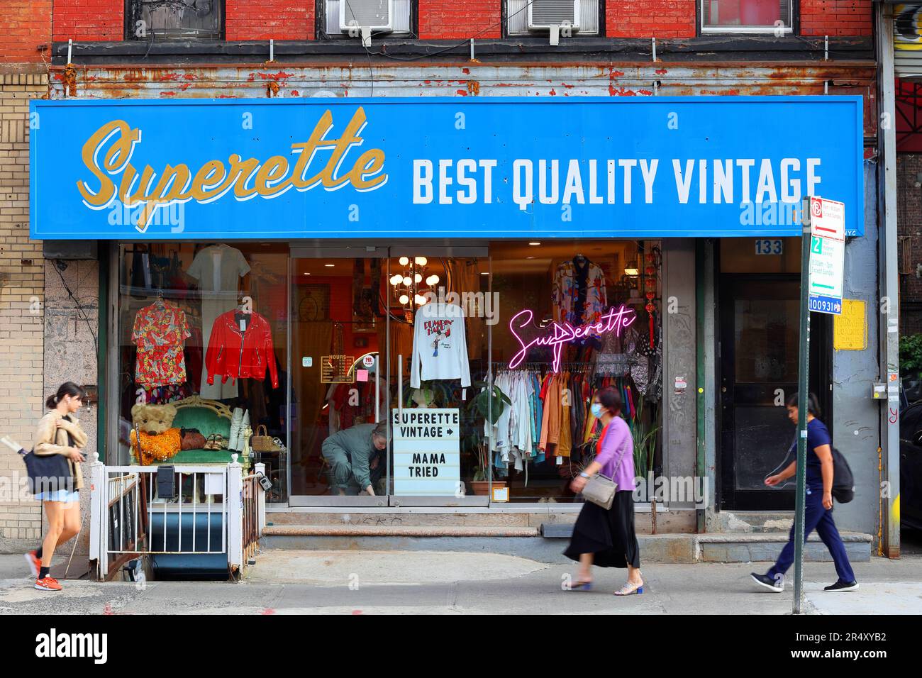 Superette Best Quality Vintage, 133 E Broadway, New York, NYC storefront photo of a thrift store in Manhattan's Chinatown/Lower East Side. Stock Photo