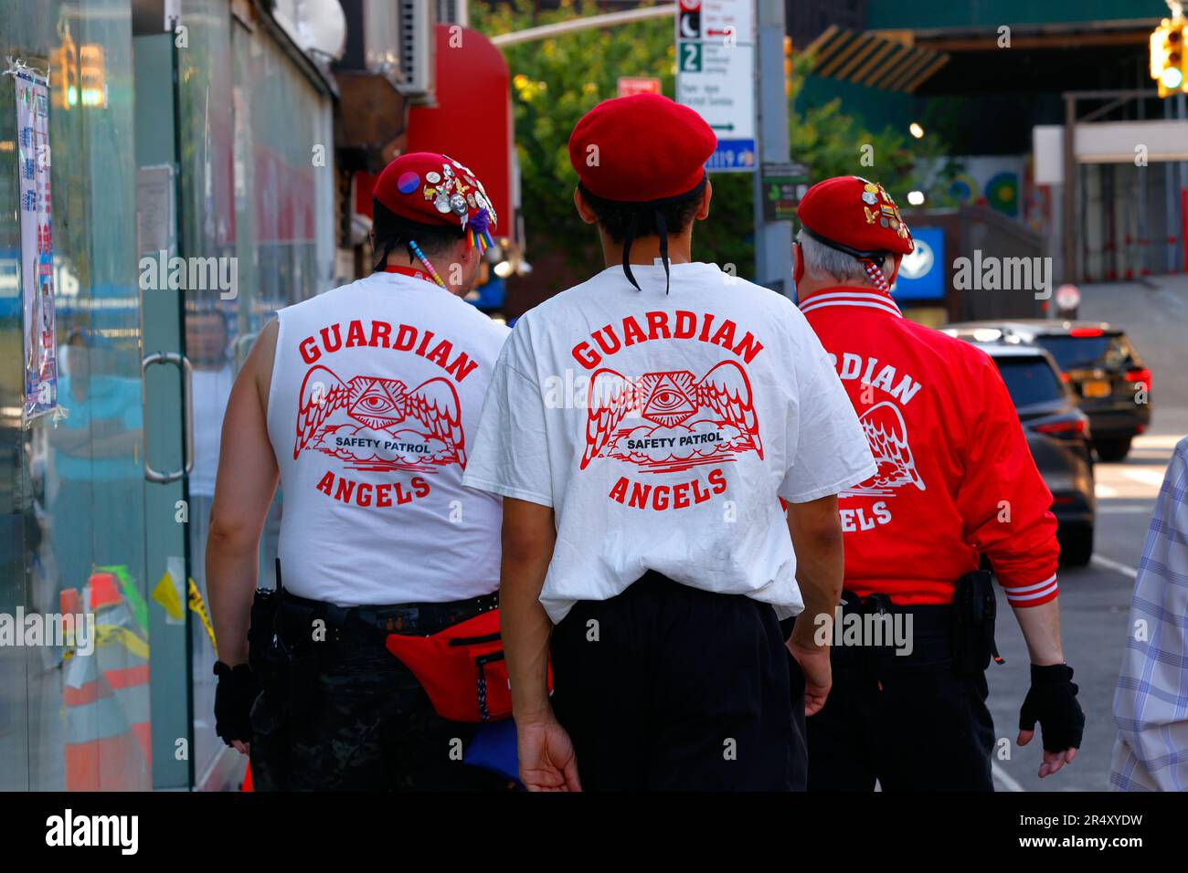 Members of the Guardian Angels safety patrol organization on a Manhattan Chinatown street. Stock Photo