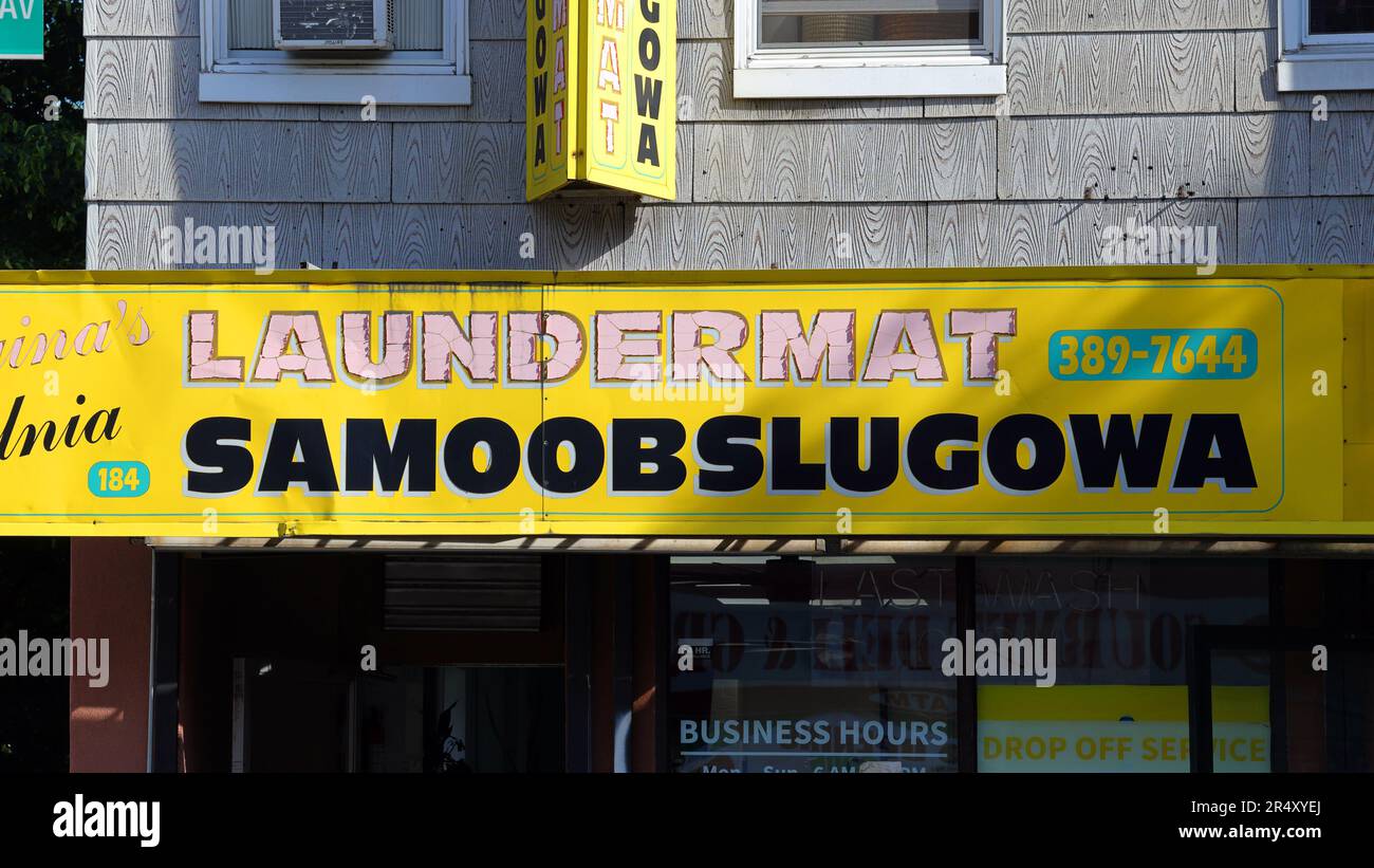 Samoobslugowa, Polish for SelfService, on a sign at a laundromat Stock Photo Alamy