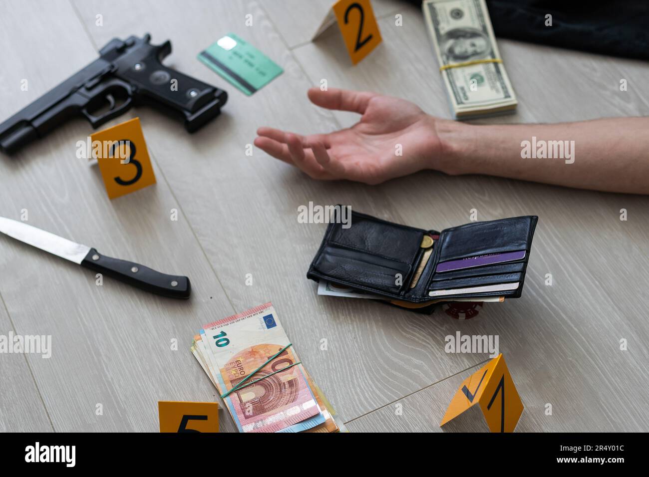 Blood splatter on a white background. Domestic violence Killer Murder concept.  Stock Photo