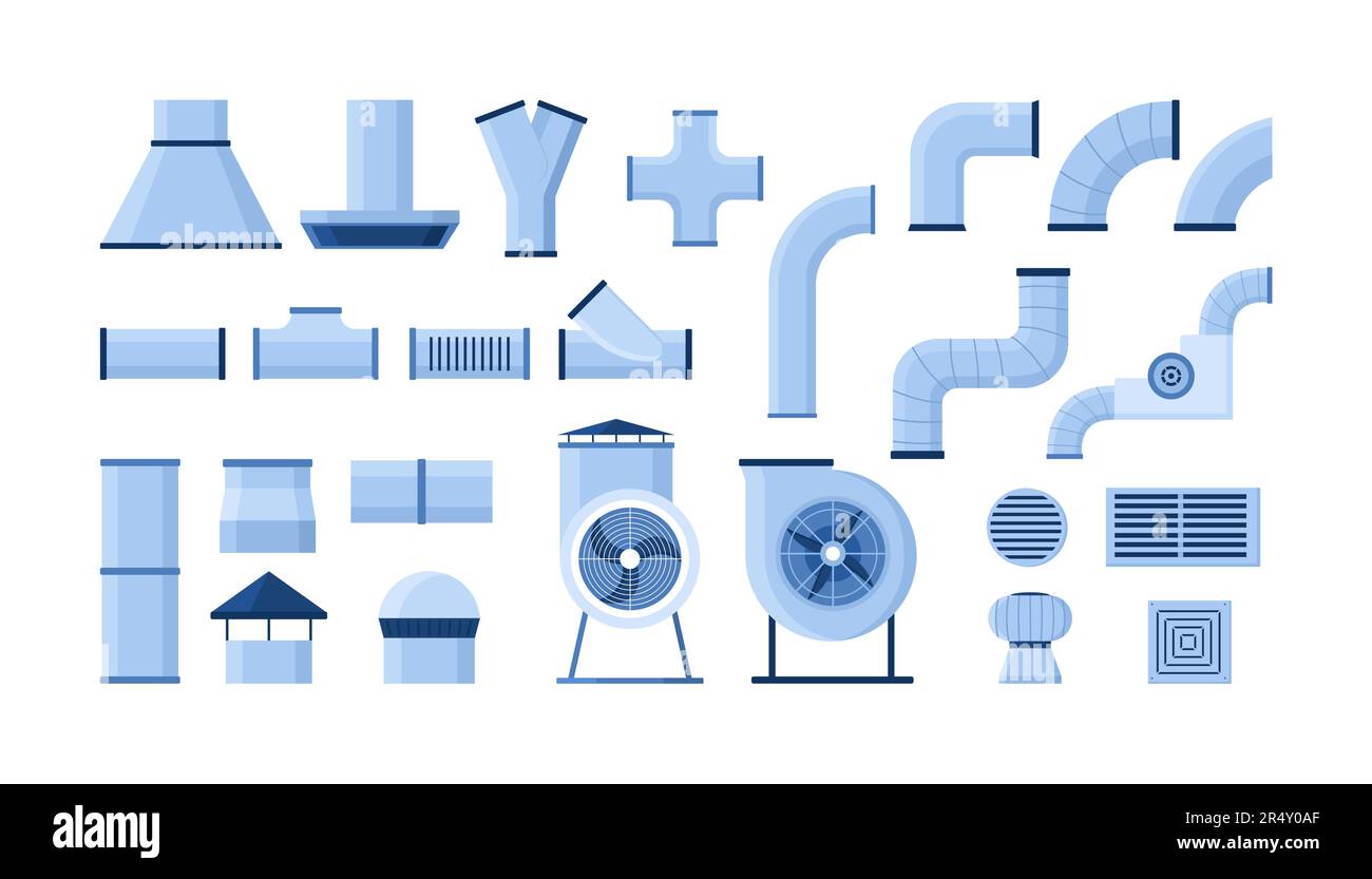 Air duct set vector illustration. Cartoon isolated ventilation and equipment for cleaning air collection with industrial ventilators, ductwork pipes system and tubes, vents and fittings, chimney Stock Vector