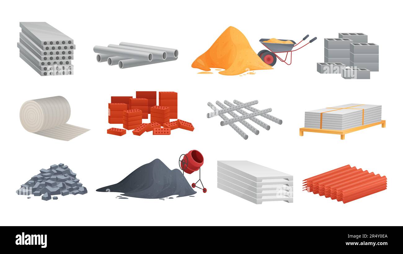 Construction materials and equipment set vector illustration. Cartoon concrete mixer with cement pile, pipe, bricks and blocks stack, stones and sand heap with wheelbarrow for building and renovation Stock Vector