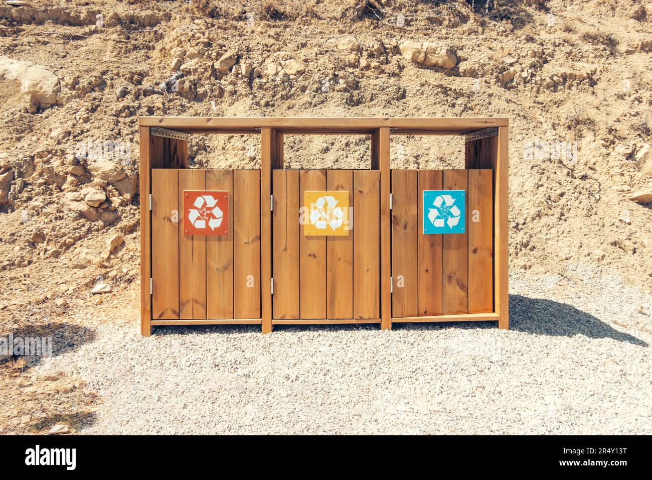 Wooden recycling bins for waste sorting outdoors. Garbage bin in the park Stock Photo Alamy