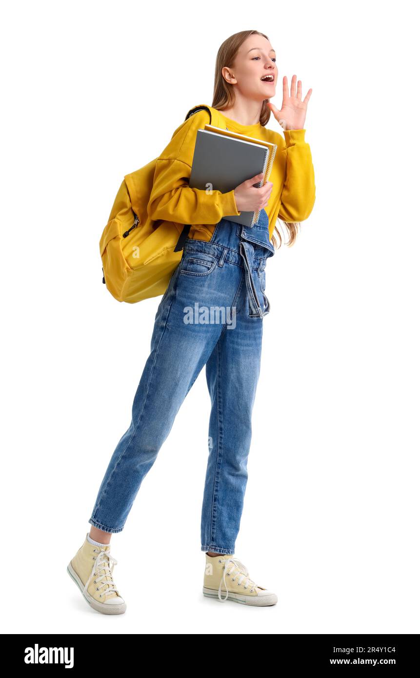 Female student with notebooks on white background Stock Photo - Alamy
