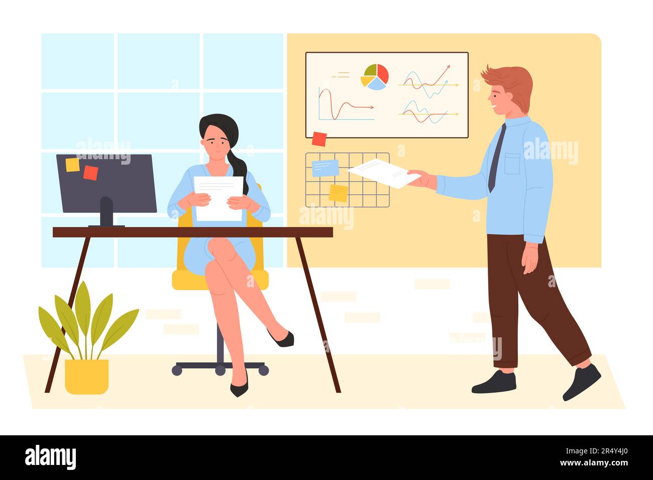 Secretary holding out business document to lady boss vector illustration. Cartoon young confident woman sitting at table with computer, reading document at workplace, paperwork of office workers Stock Vector