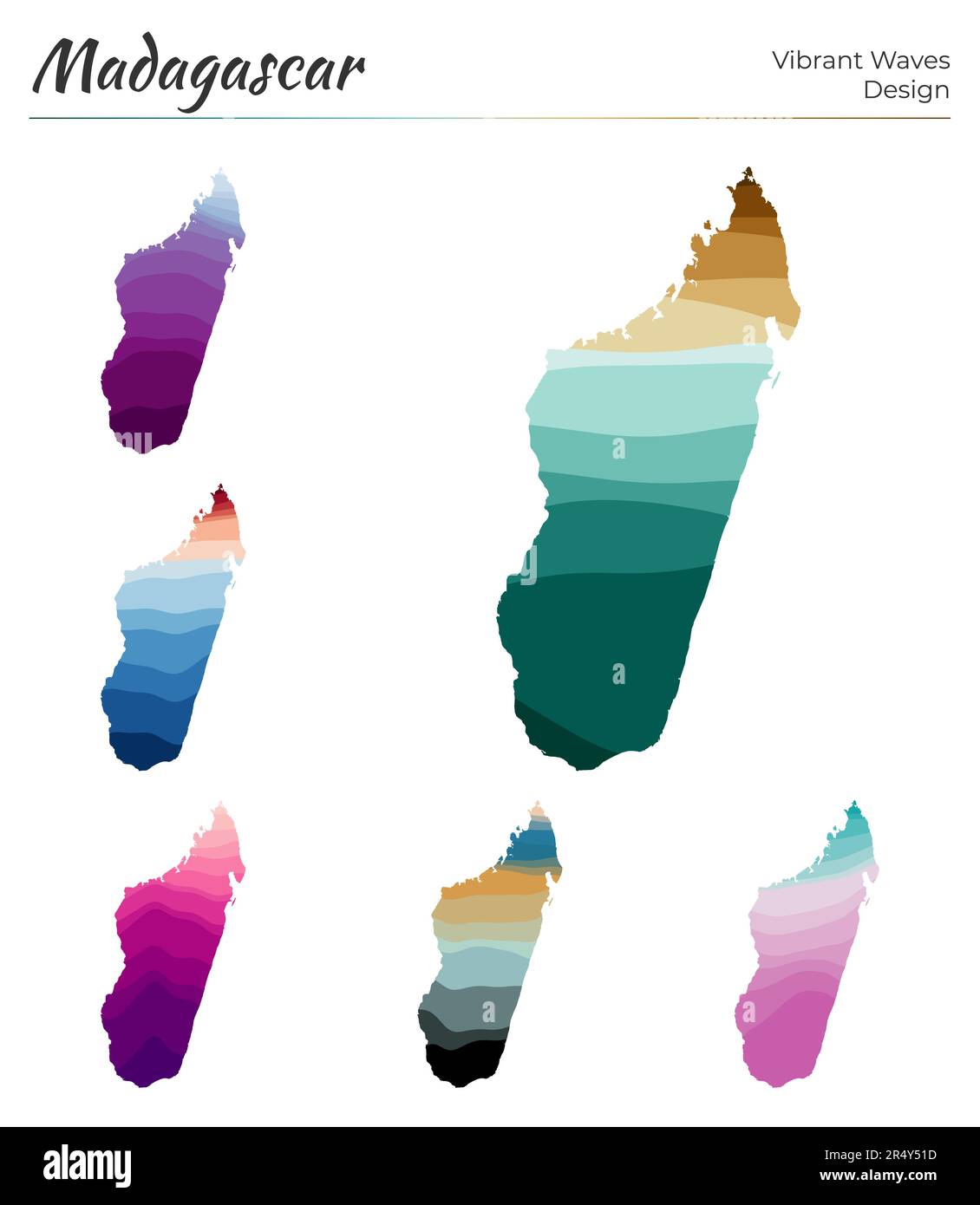 Set of vector maps of Madagascar. Vibrant waves design. Bright map of