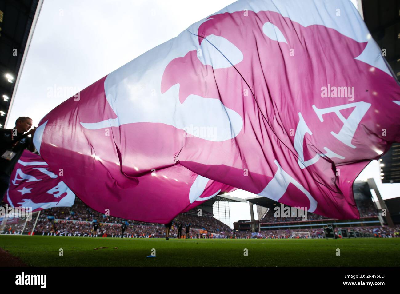 Giant Aston Villa flags are at Villa park before the Premier League