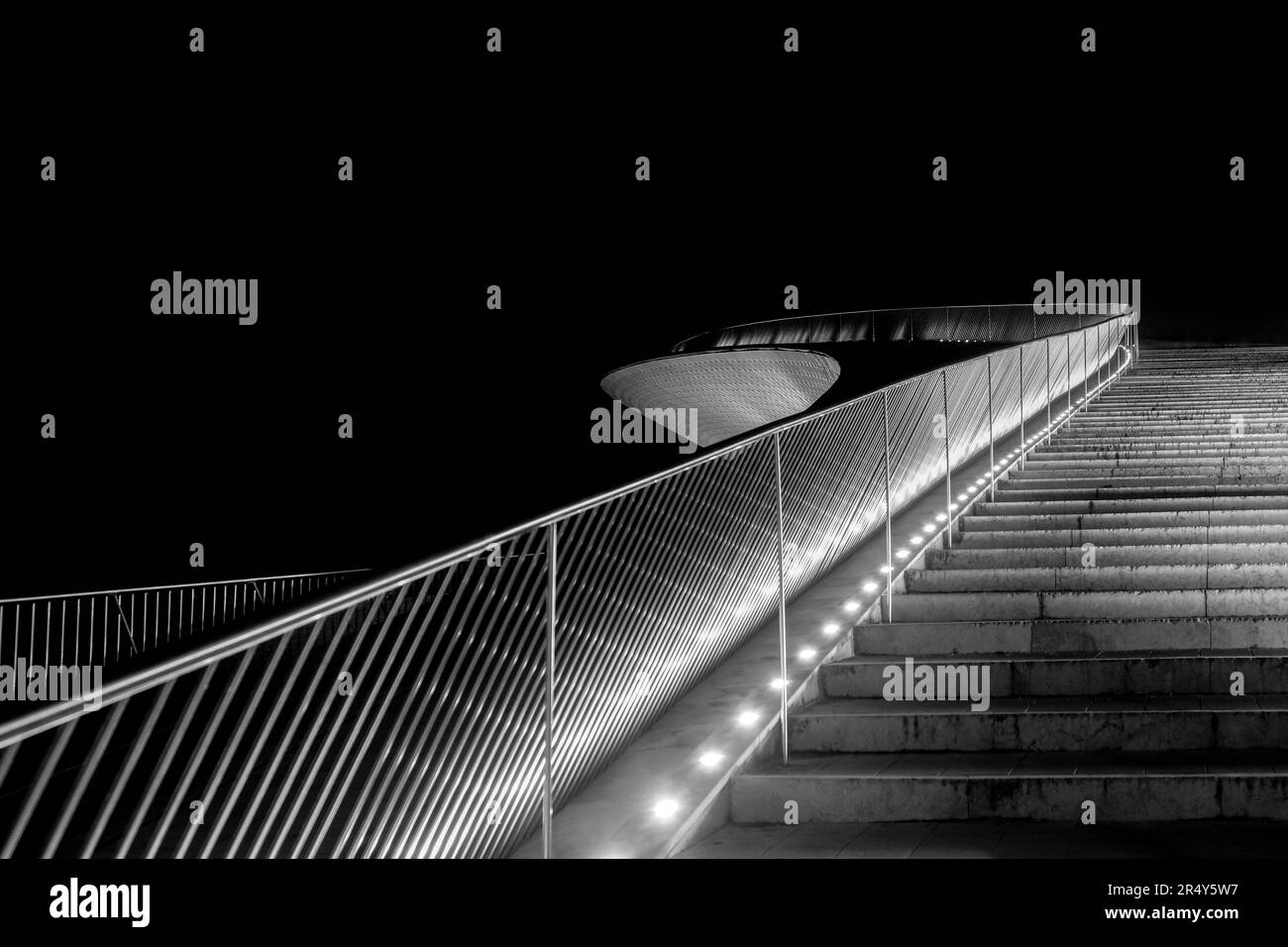 Black and White Modern Architectural Stairs at Night. MAAT, Lisbon, Portugal Stock Photo