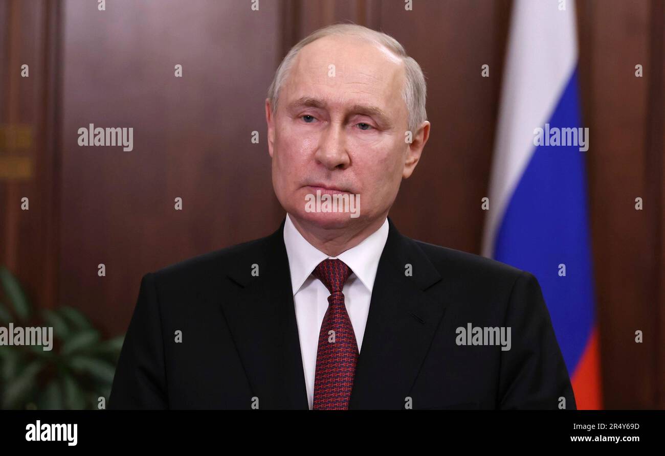 Moscow, Russia. 28 May, 2023. Russian President Vladimir Putin delivers a video address to members off the Border Guards to celebrate their professional holiday from the Kremlin, May 28, 2023 in Moscow, Russia.  Credit: Mikhail Klimentyev/Kremlin Pool/Alamy Live News Stock Photo