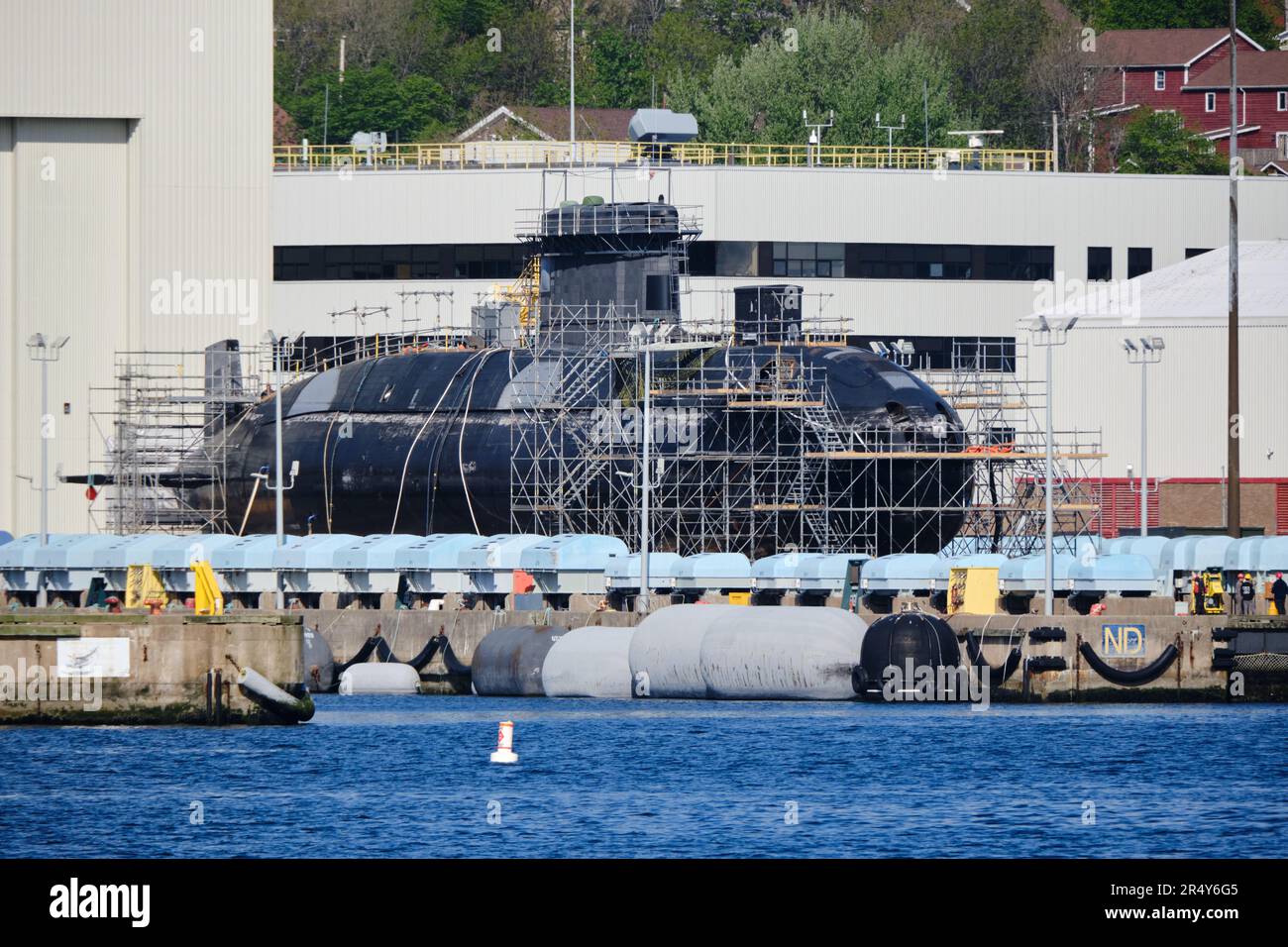 Canadian navy submarine on Synchrolift for repairs in Halifax Harbour Stock Photo