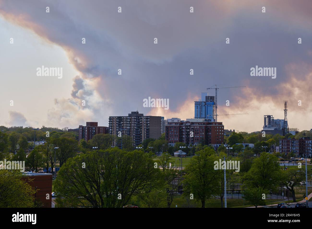 Halifax Canada, May 28, 2023. Smoke from Tantallon fire seen over the Halifax Common Stock Photo