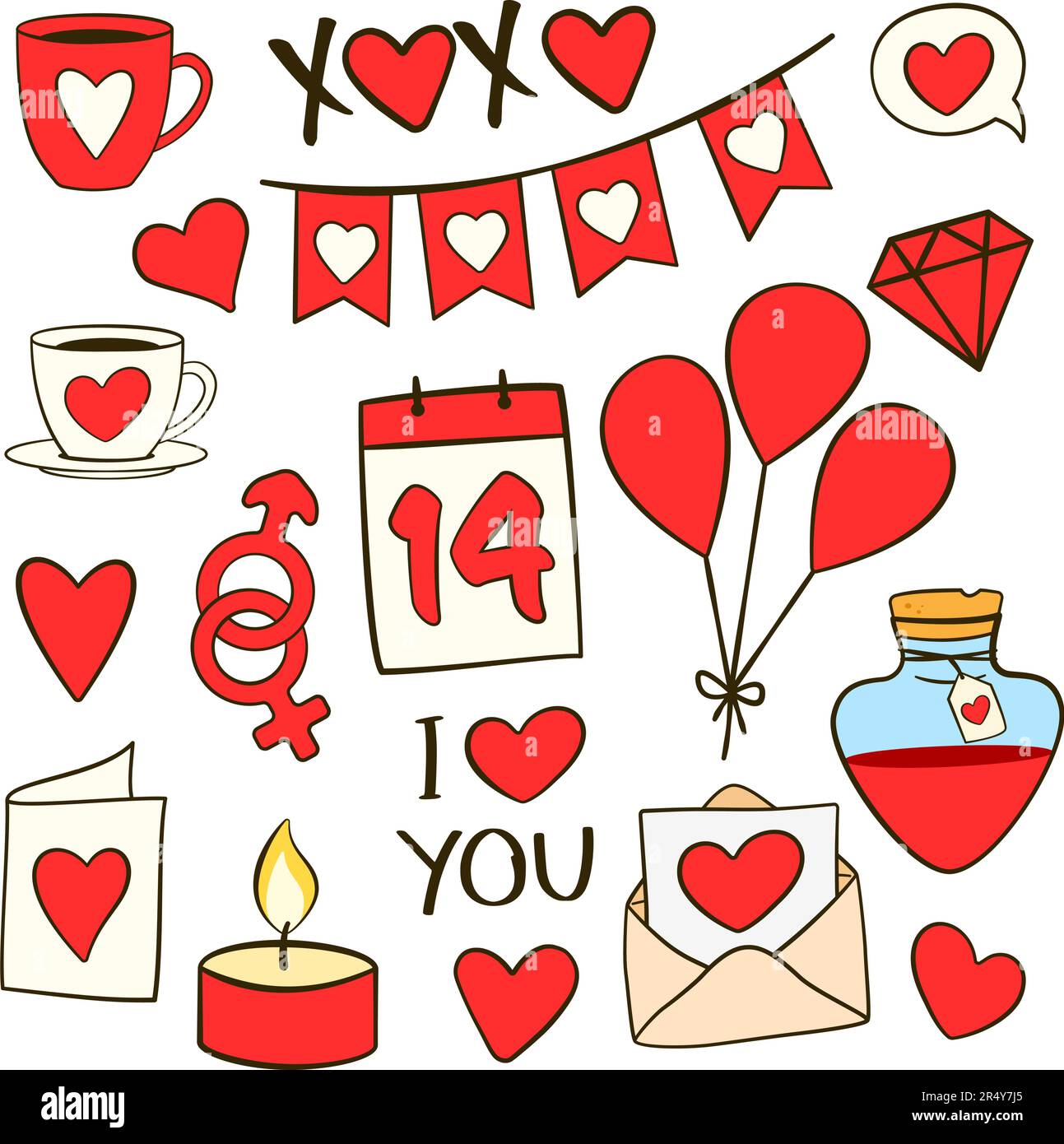 Set of Valentine's day icons. Cartoon flat icons. Vector illustration ...